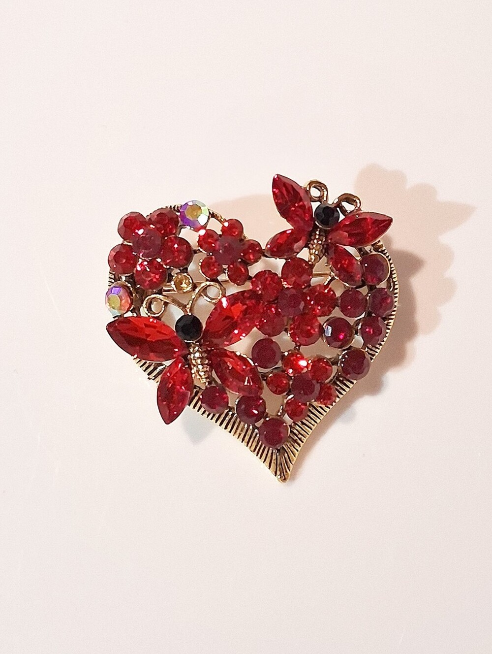 Red Heart Brooch with Butterfly Accents